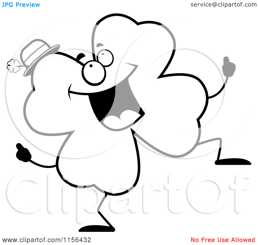 Cartoon Clipart Of A Black And White Shamrock Clover Character Doing A
