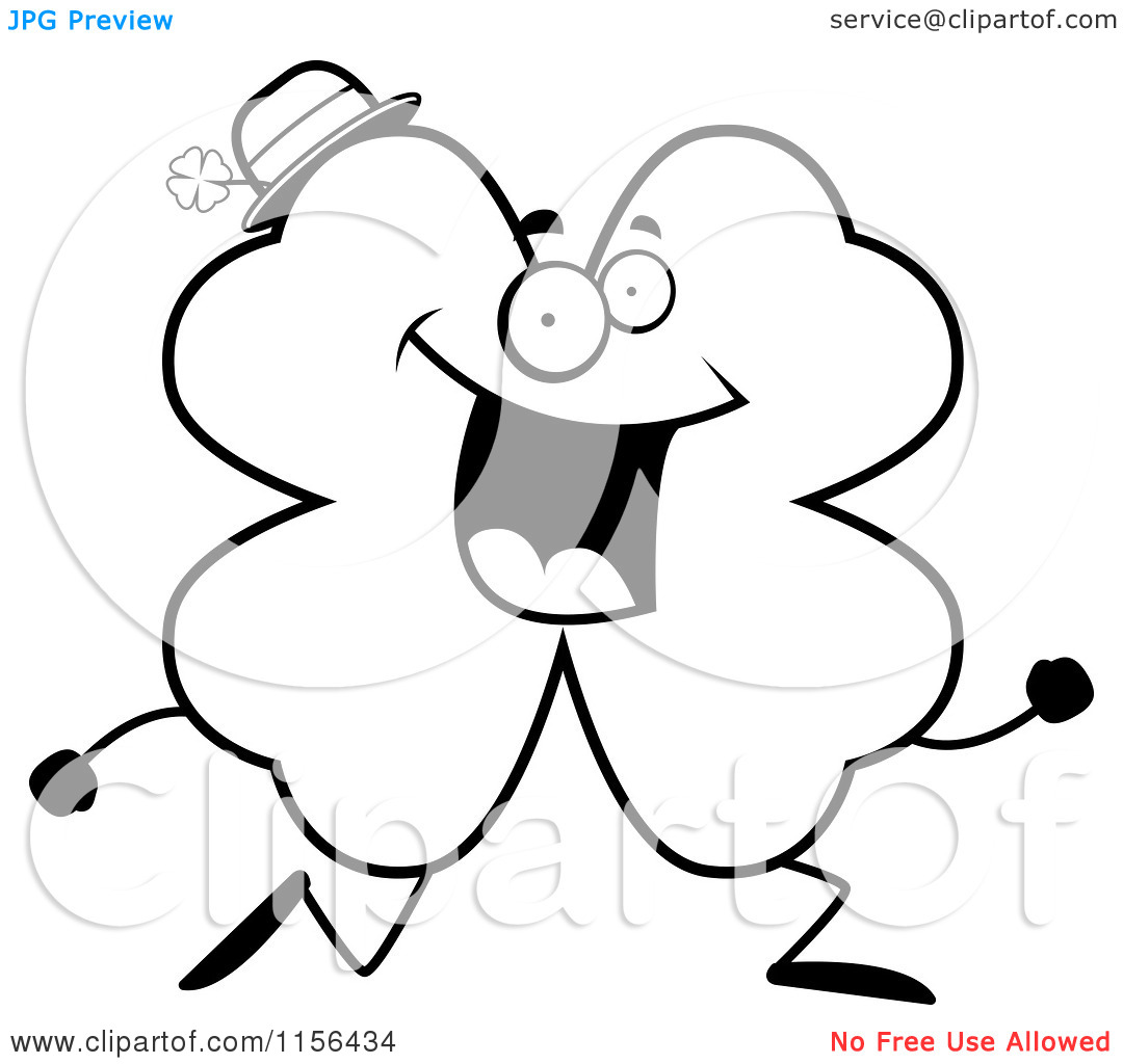 Cartoon Clipart Of A Black And White Shamrock Clover Character Running    