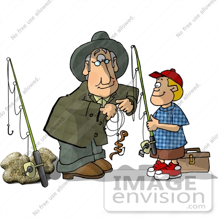 Grandpa Hooking A Worm As Bait For His Grandson While Fishing Clipart