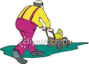 Grandpa Pushing His Grandson In A Stroller   Royalty Free Clipart