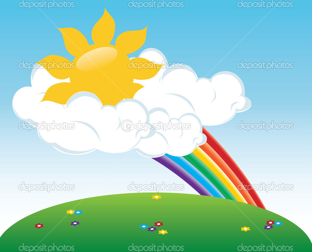 Illustration Of A Sun Peeking Out Of Clouds With A Rain   Stock Image