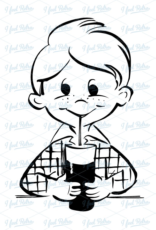 Retro Clipart  A Cute Boy Drinks A Cup Of Chocolate   Authentic    