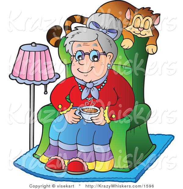 Vector Critter Clipart Of A Senior Woman With A Cat Sleeping On Her
