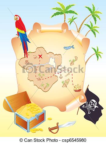Vector   Pirate S Treasure With Parrot And Palms  Vector Cartoons Map