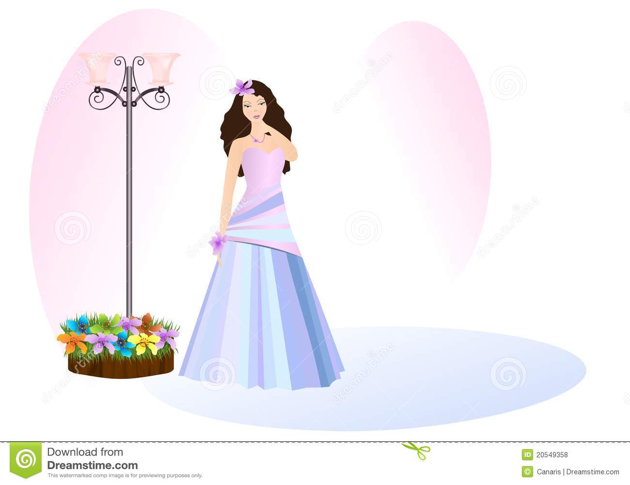 Young Lady In Prom Dress Street Lamp And Pot With Flowers Vector