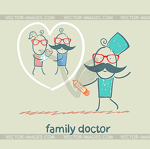 Family Doctor Draws Heart Around Family   Vector Clipart