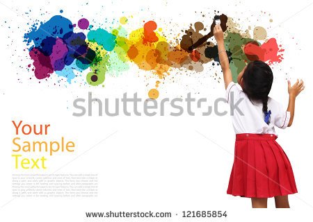 Girl Holding A Paint Brush Painting On A White Wall   Stock Photo