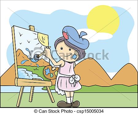 Vector   Young Girl Painting A Landscape   Stock Illustration Royalty