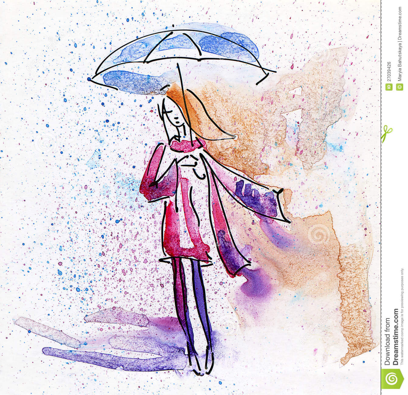 Watercolor Painting  Autumn Girl In The Rain  Royalty Free Stock Image