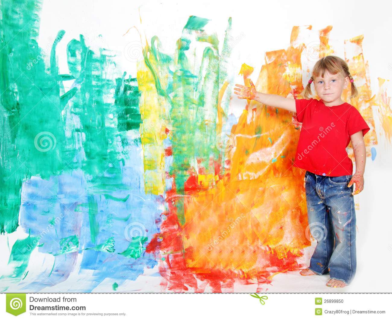 Young Happy Child Girl Painting White Wall Stock Photo   Image
