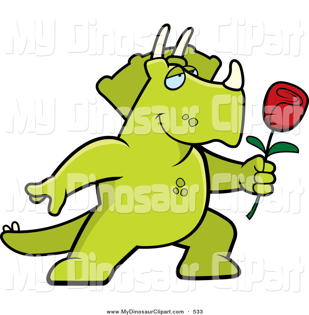 Clipart Of A Romantic Green Triceratops Presenting A Single Rose By    