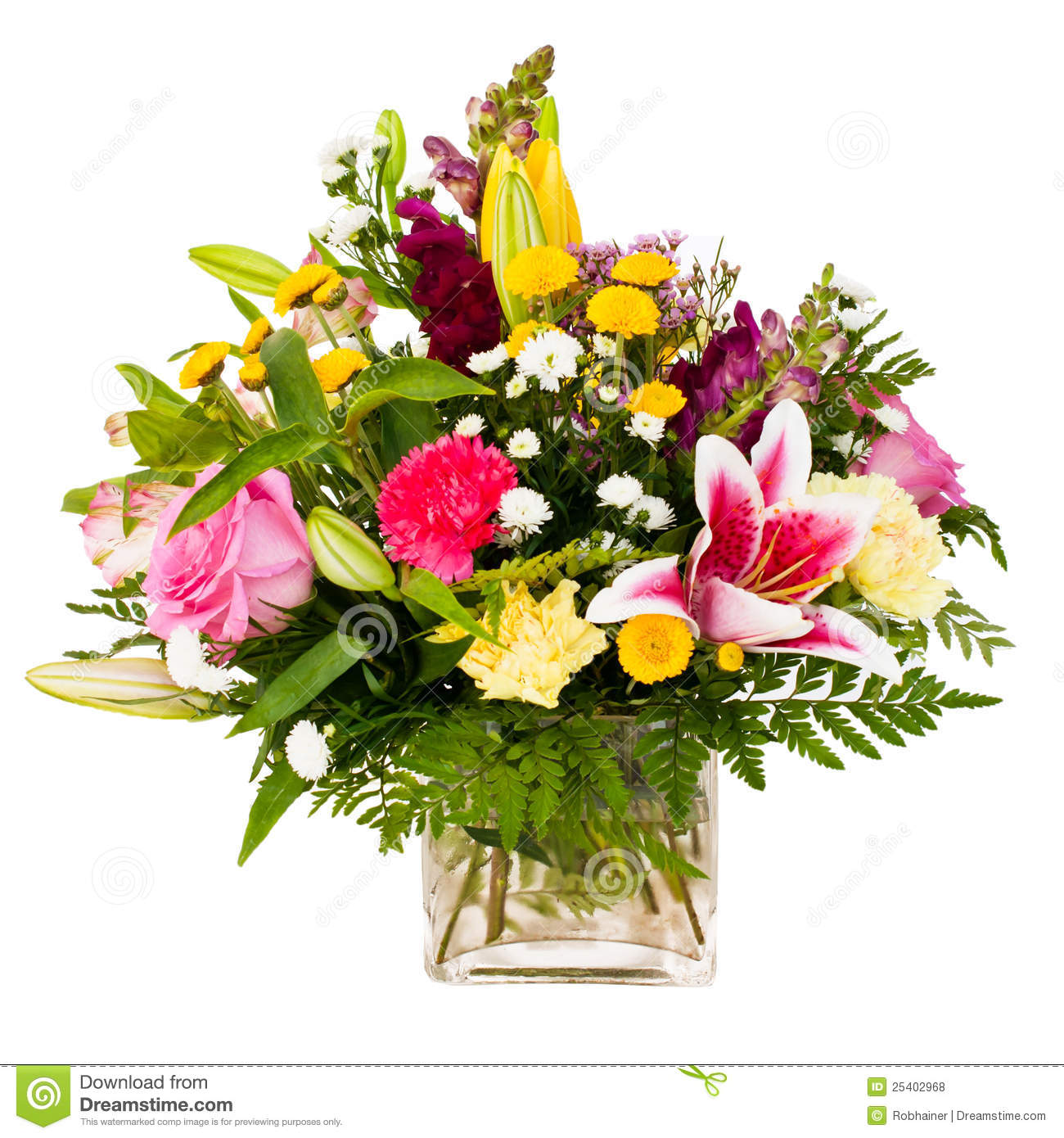 Colorful Flower Bouquet Arrangement Centerpiece In Vase Isolated On    