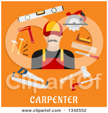 Flat Design White Male Carpenter And Tools Over Text On Orange