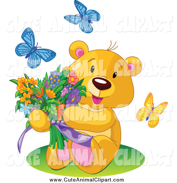 Of A Butterflies Around A Teddy Bear Holding A Colorful Flower Bouquet