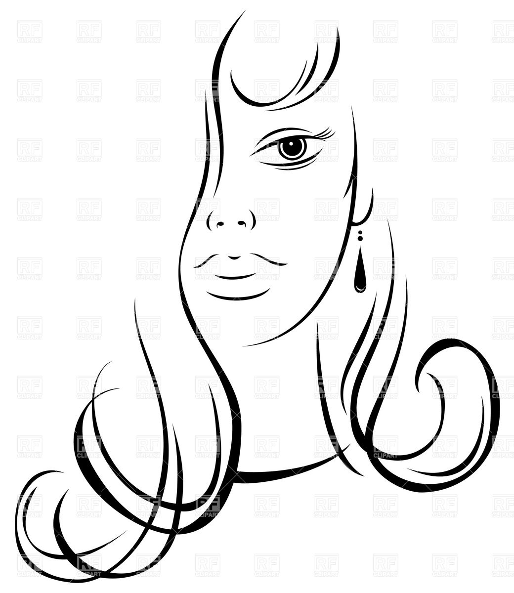 Young Beautiful Woman With Curly Hair In Simplistic Line Style Vector