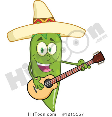 Clipart Of A Green Chili Pepper Character Guitarist Wearing A Mexican