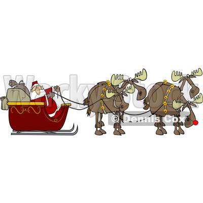 Clipart Of A Team Of Christmas Moose Pulling Santa In A Sleigh    
