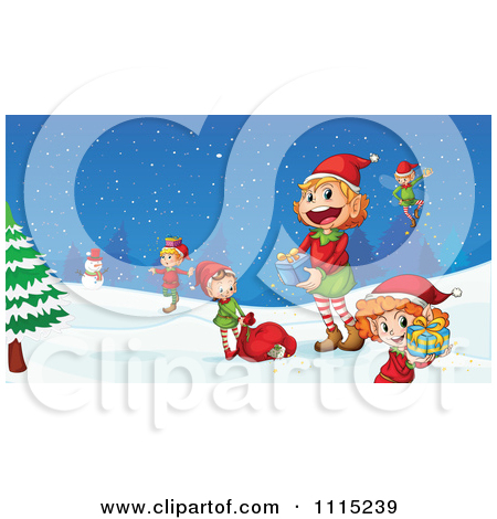Clipart Team Of Christmas Elves With Gifts In The Snow   Royalty Free