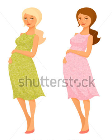 Cute Cartoon Illustration Of A Beautiful Pregnant Woman In Two Color