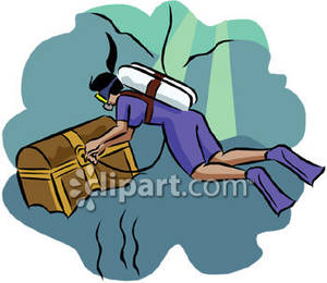 Diver Swimming With A Treasure Chest   Royalty Free Clipart Picture