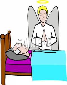 Guardian Angel Praying Over A Sick Man   Royalty Free Clipart Picture