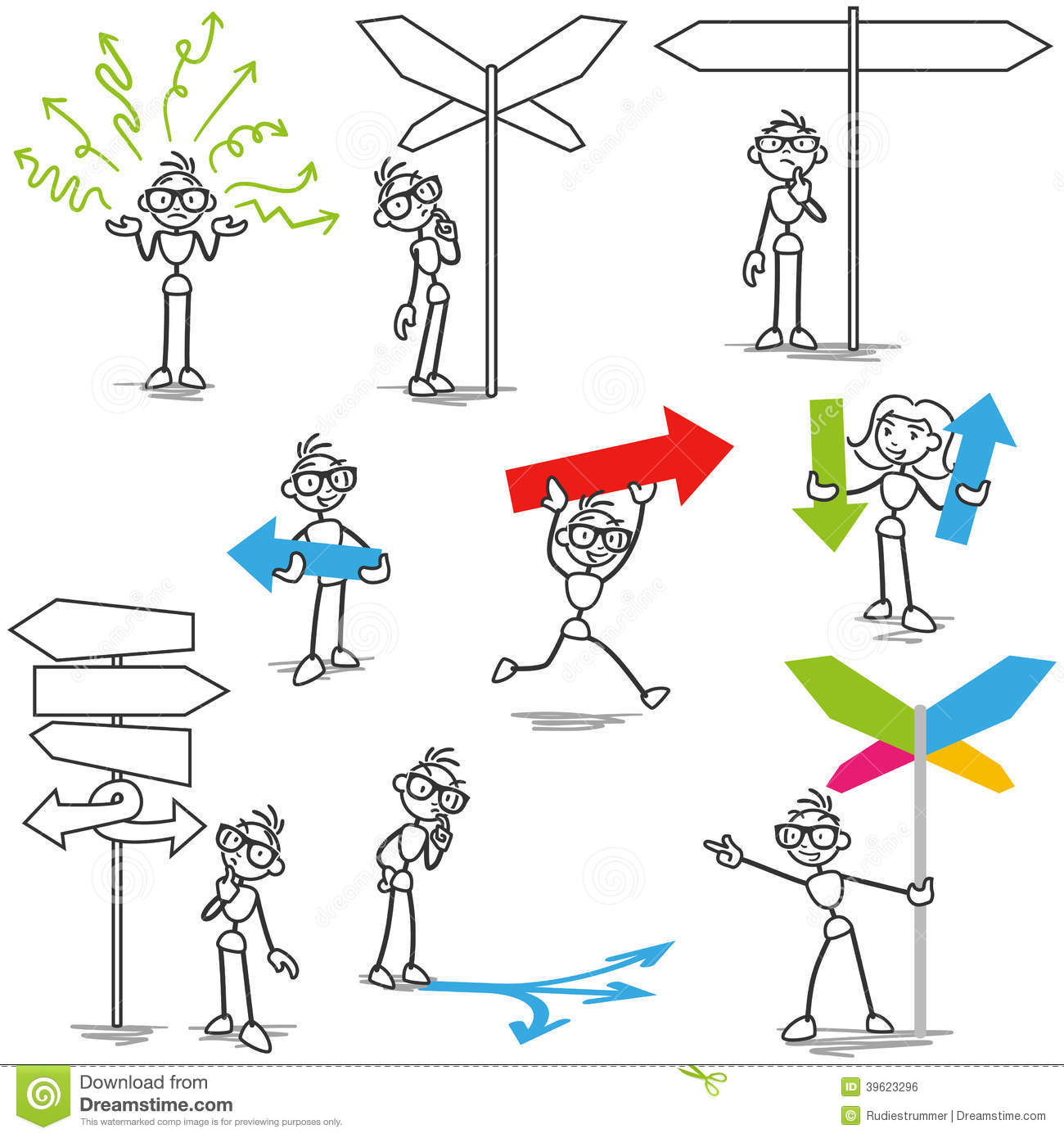 Set Of Vector Stick Figures  Stickman With Arrows And Road Signs