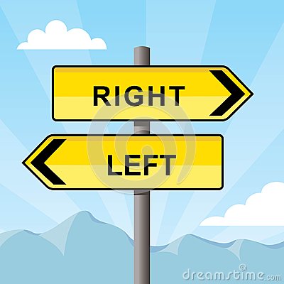 Yellow Direction Sign Pointing Opposite Directions Words Right And