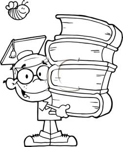 Black And White Cartoon Of A Student Holding A Stack Of Books    