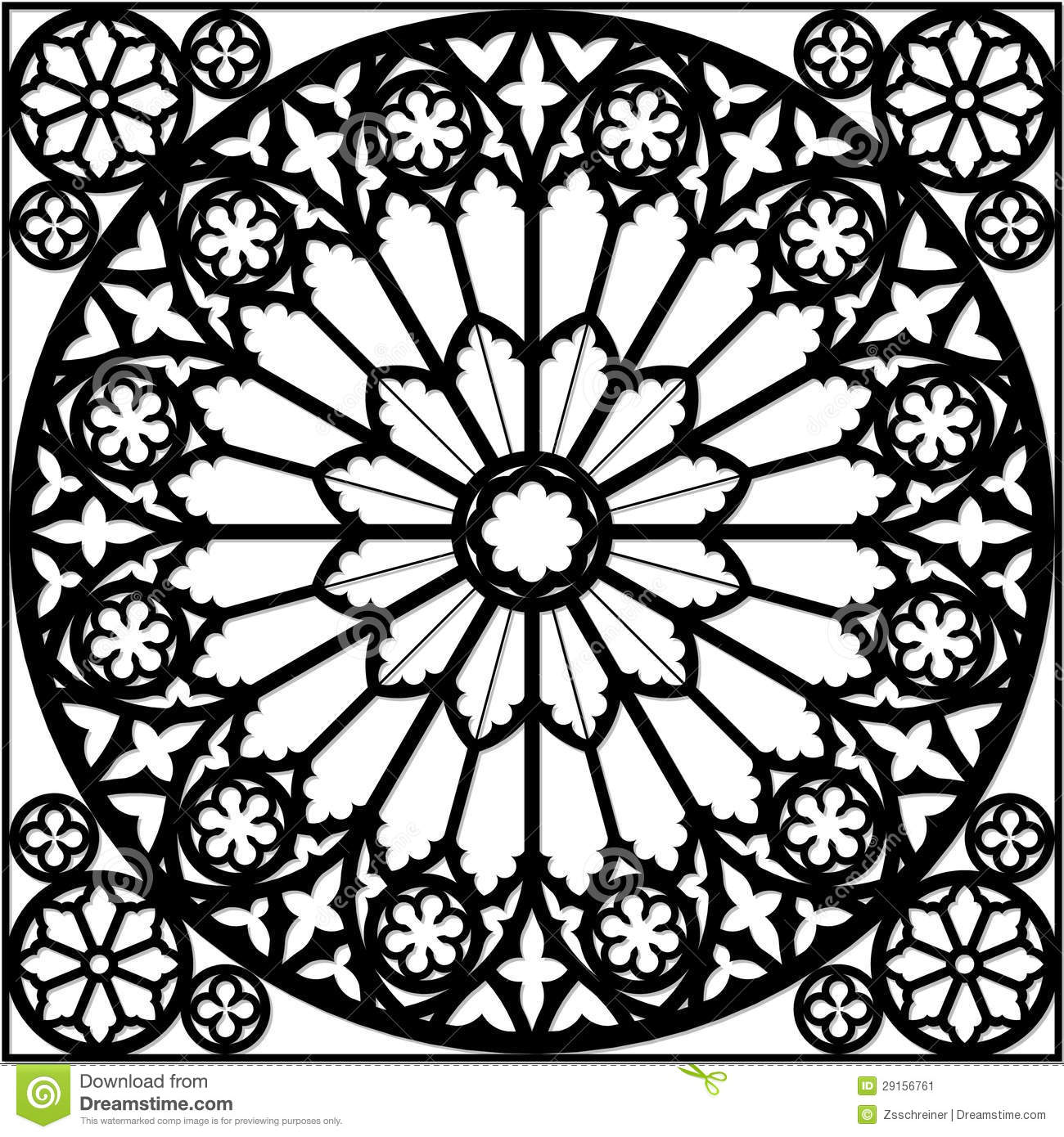 Black White Illustration Of Gothic Rose Windov Decoration