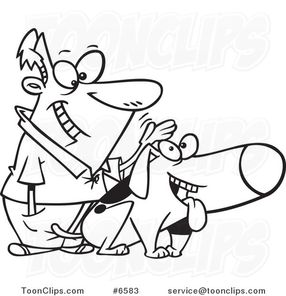 Cartoon Black And White Line Drawing Of A Guy Patting His Dog  6583 By