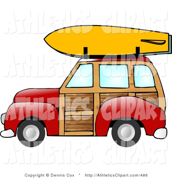 Clip Art Of A Red Woody Car With A Yellow Surfboard On The Roof Rack