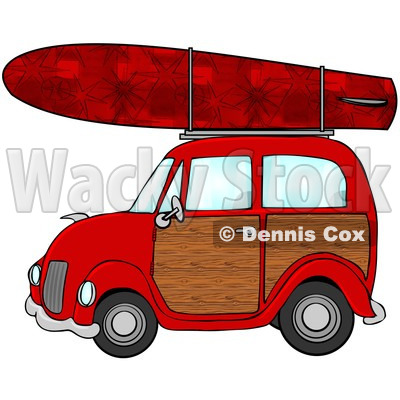 Clipart Illustration Of A Red Woody Car With A Red Starry Surfboard On