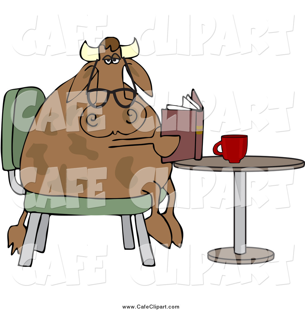 Cow With Reading Glasses Sitting At A Table With Coffee And A Book