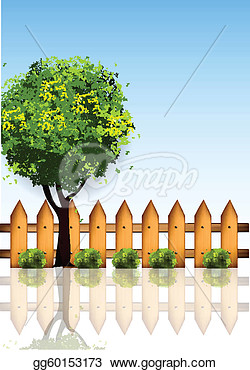 Illustration   Garden With Wooden Fence   Clipart Drawing Gg60153173