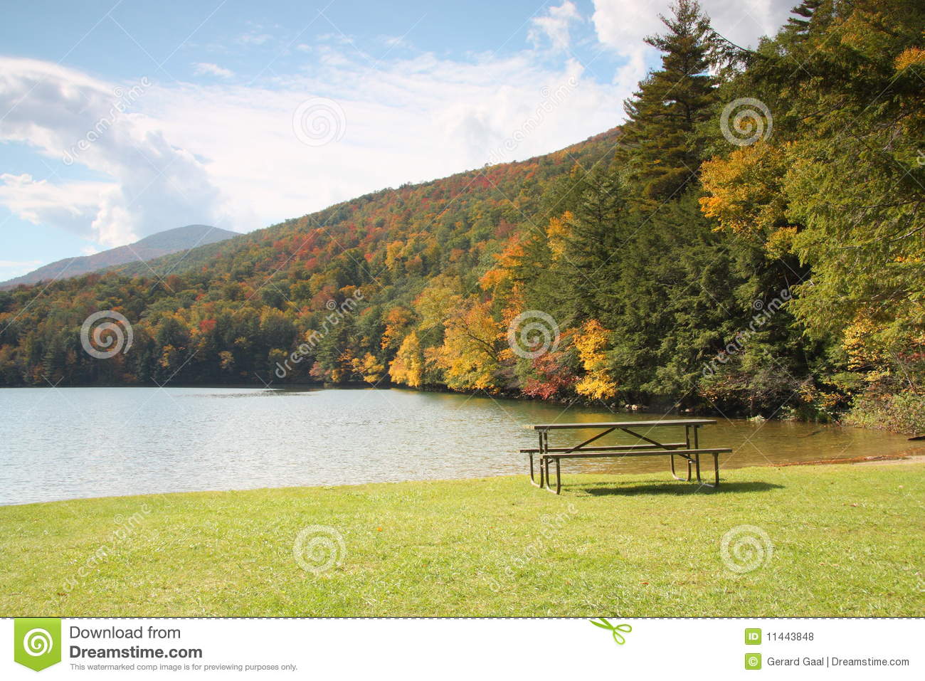 Lake Fall Scene With Picnic Table Royalty Free Stock Photos   Image