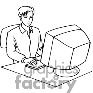 Royalty Free Black And White Student Working On A Computer Clipart