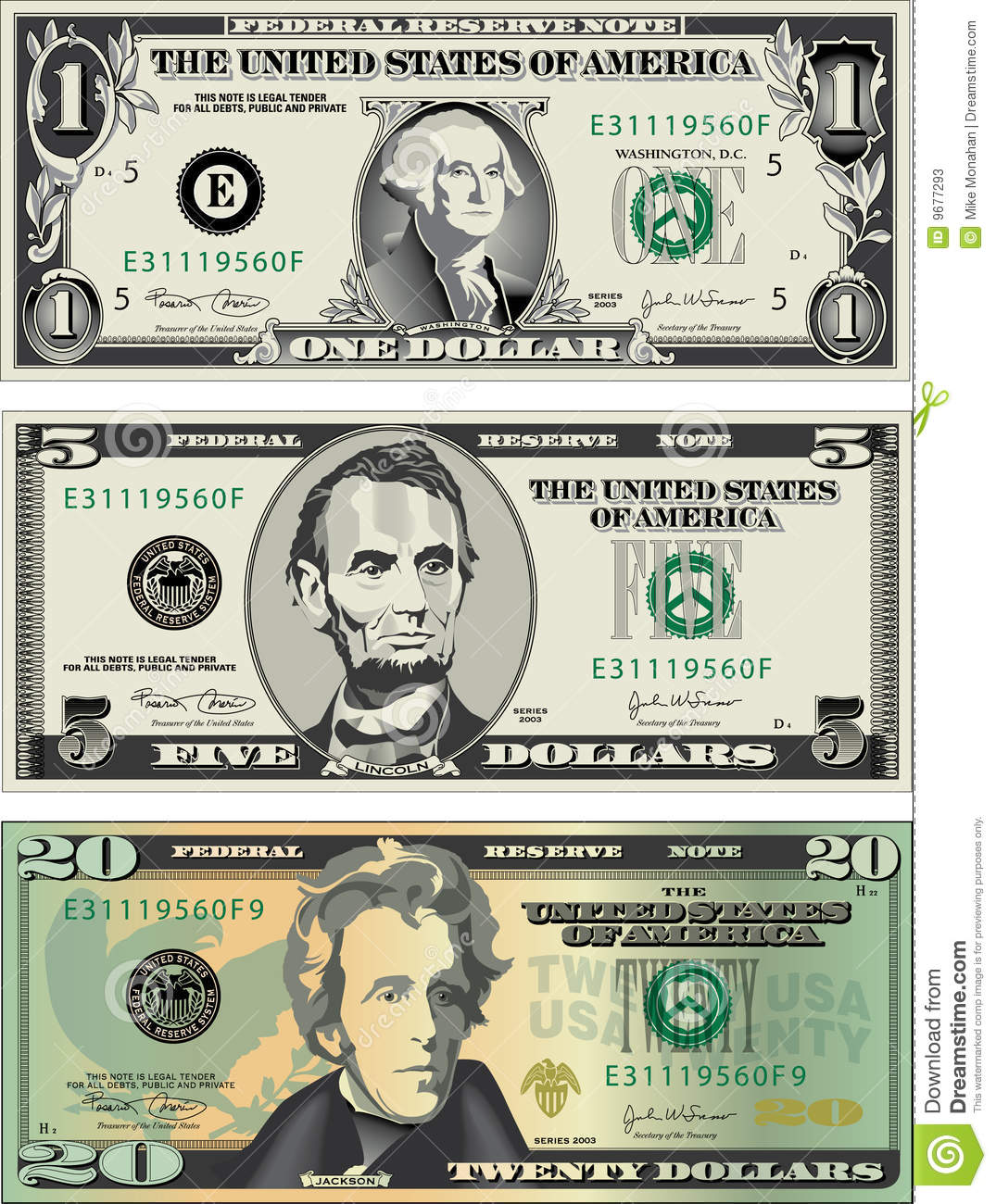 Three Detailed Stylized Drawings Of  1  5 And  20 American Bills