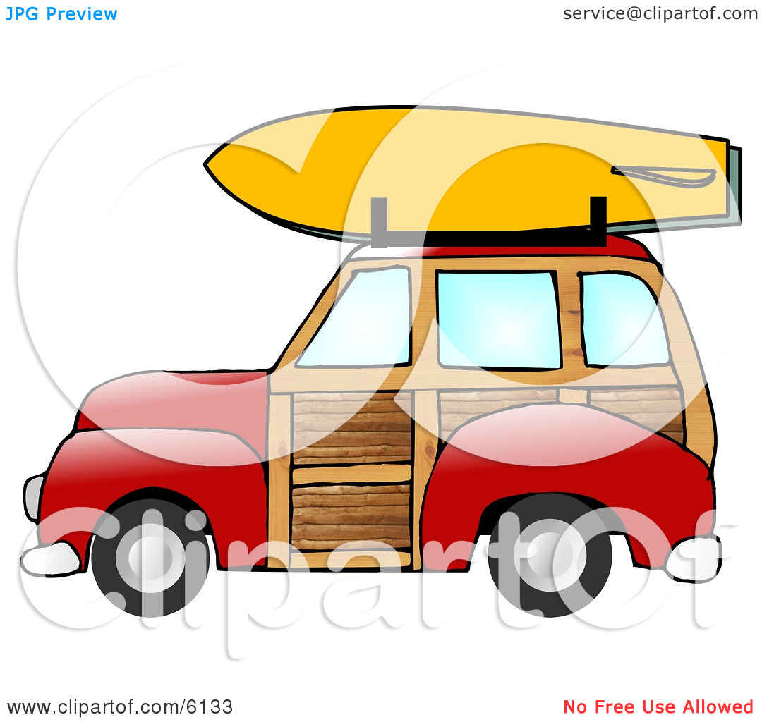 Woody Car With A Surfboard On The Roof Rack Clipart Illustration By