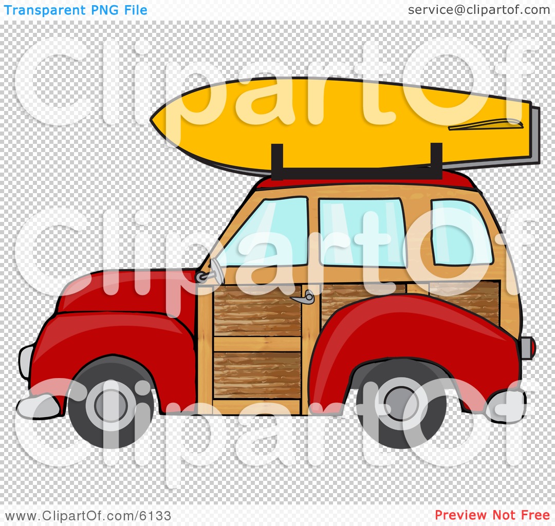 Woody Car With A Surfboard On The Roof Rack Clipart Illustration By