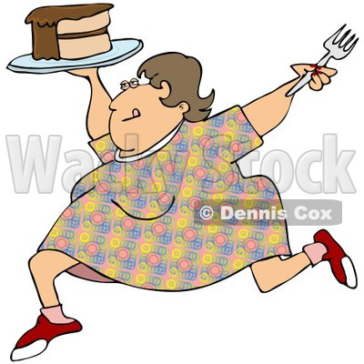 Clipart Cartoon Happy Obese Woman Running With Cake   Royalty Free    
