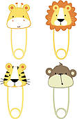 Cute Baby Animals Safety Pins   Clipart Graphic