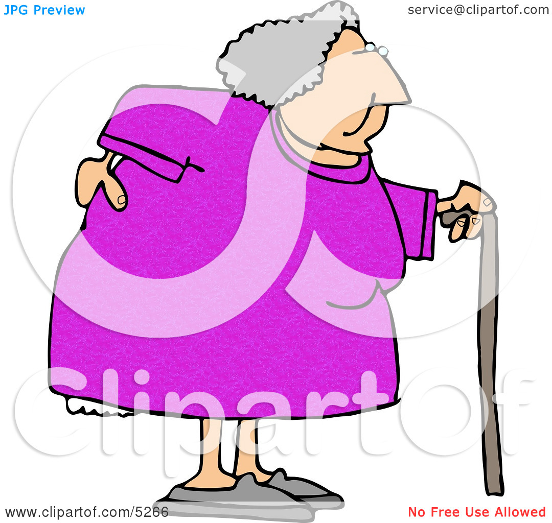 Obese Elderly Woman Walking On A Cane With Painful Back Clipart    