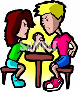Boy And Girl Arm Wrestling   Royalty Free Clipart Picture