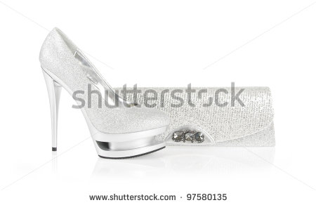 Glitter Silver Shoes And Clutch Bag On White Background   Stock Photo