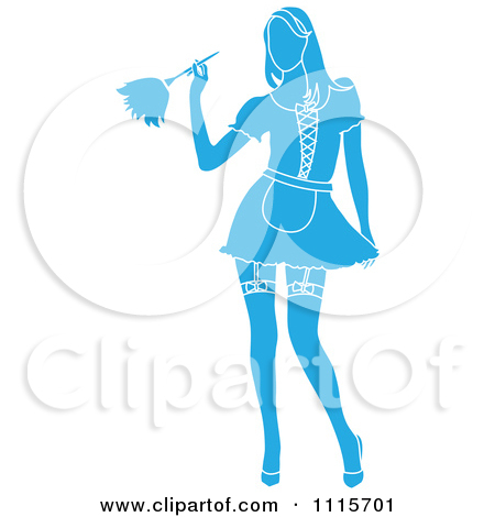 Sexy Blue Silhouetted Dusting French Maid Wearing Garters With A White