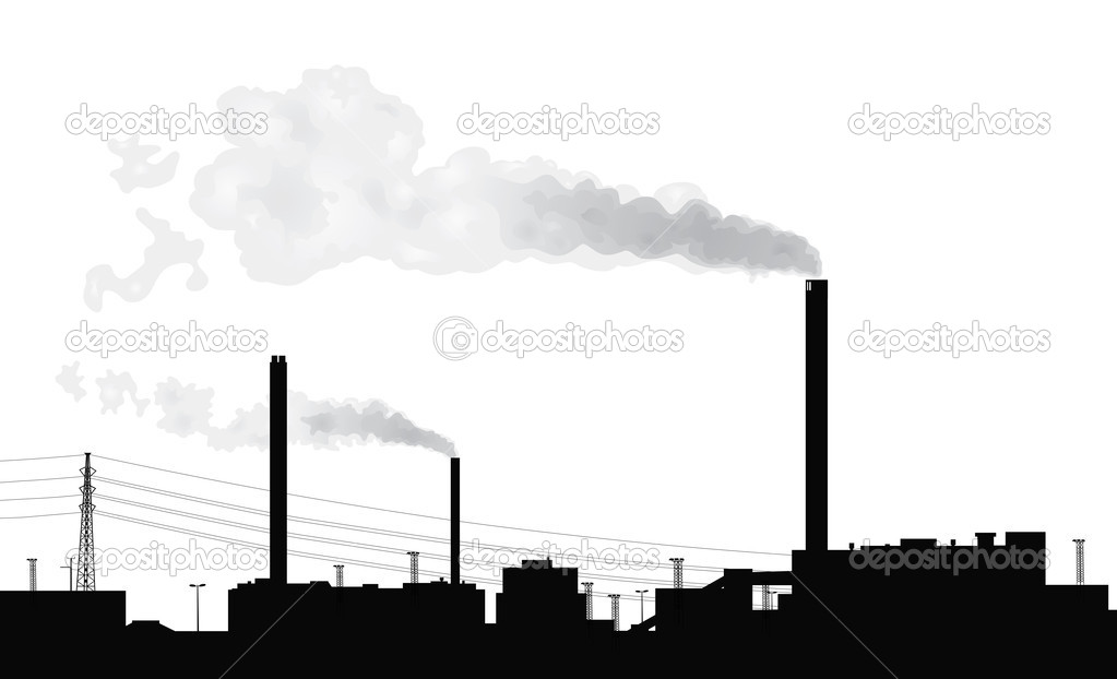 Silhouette Of A Factory With Smoke Coming Out Of Chimneys    Stock