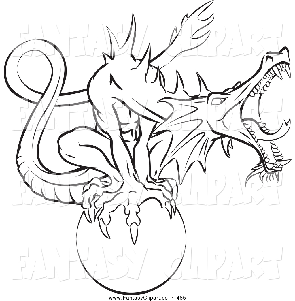 Black And White Coloring Page Of A Roaring Dragon Guarding A Magical    