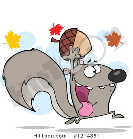 Cartoon Of A Hyper Gray Squirrel Holding An Acorn Under Autumn Leaves    
