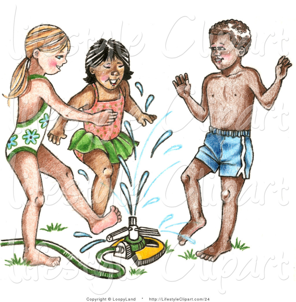     Children Playing In A Sprinkler On A Hot Summer Day By Loopyland    24