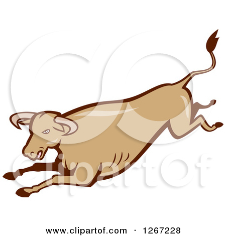 Clipart Of A Retro Cartoon Styled Running Brown Bull   Royalty Free    
